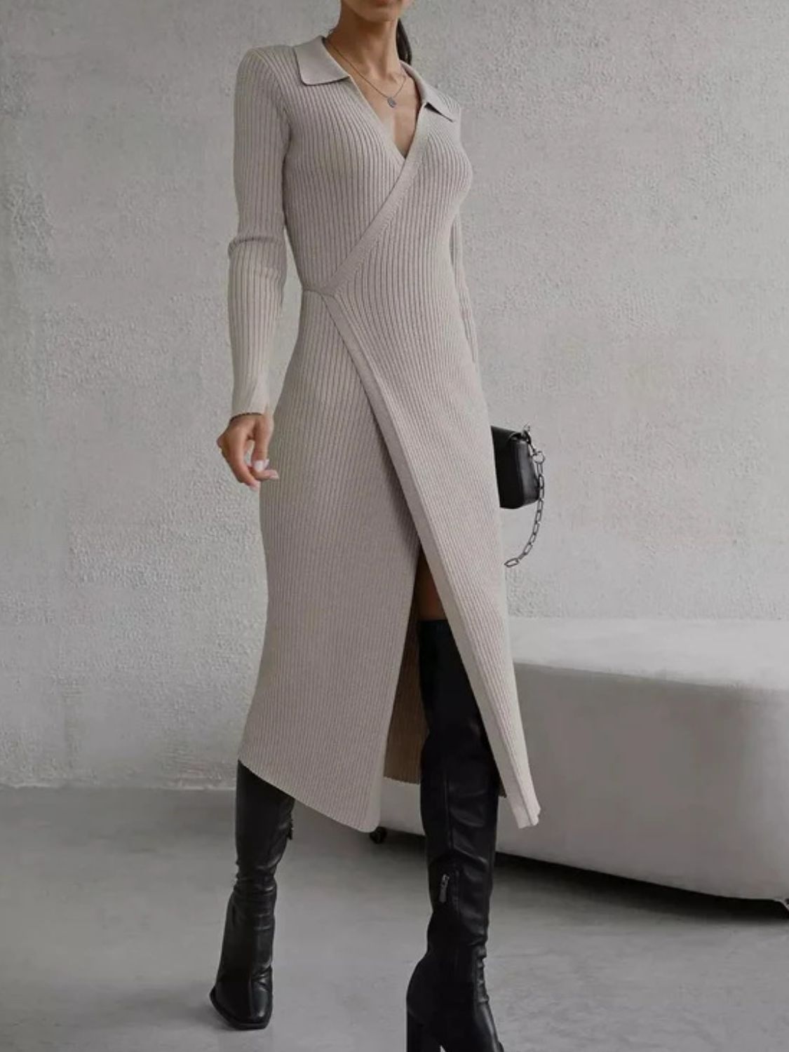 Tied Collared Neck Long Sleeve Sweater Dress Trendsi