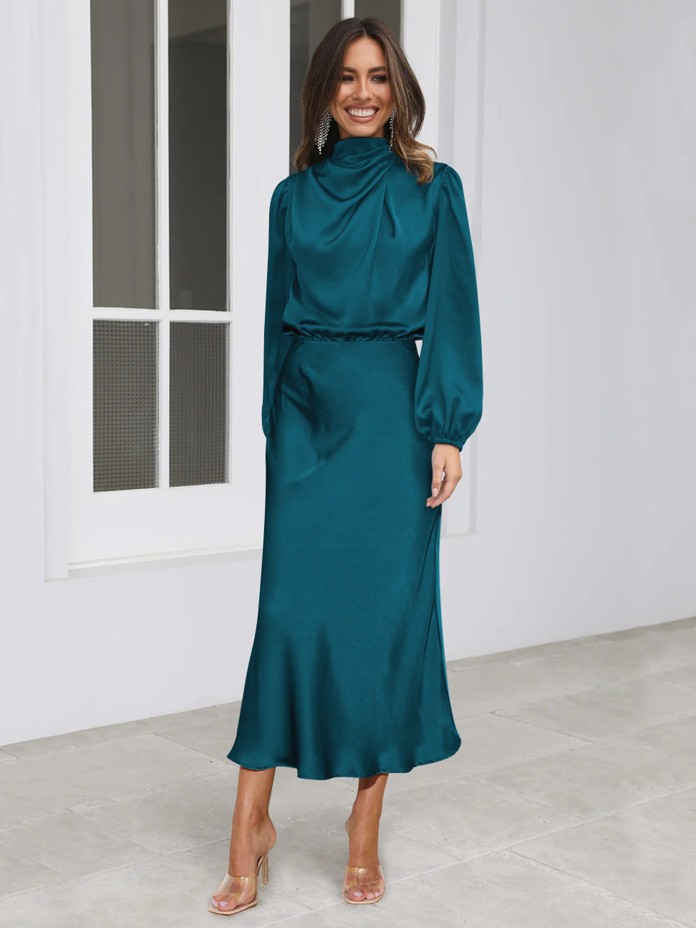 Elegant sleeved halter neck satin evening dress