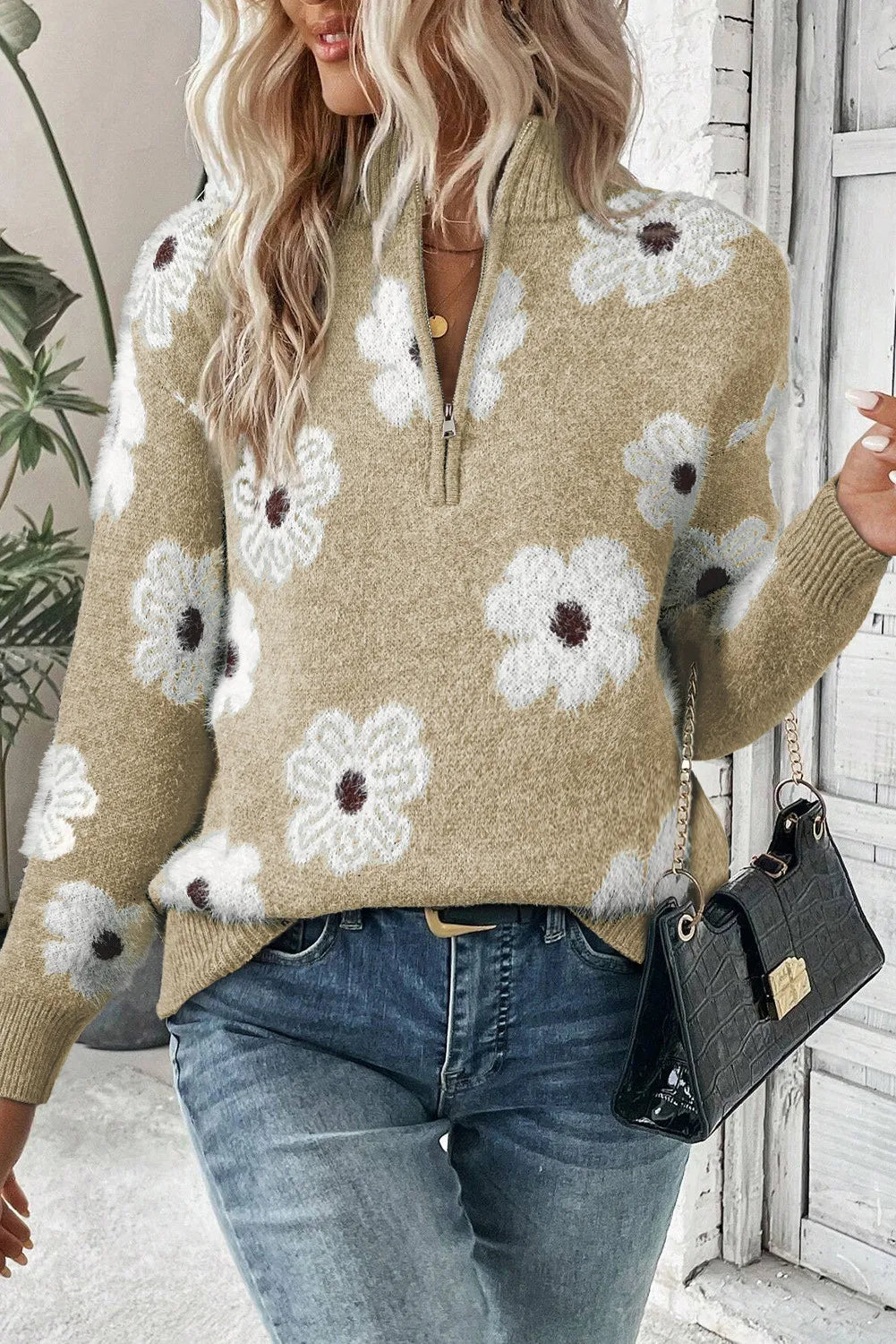 Flower Half Zip Long Sleeve Sweater Trendsi