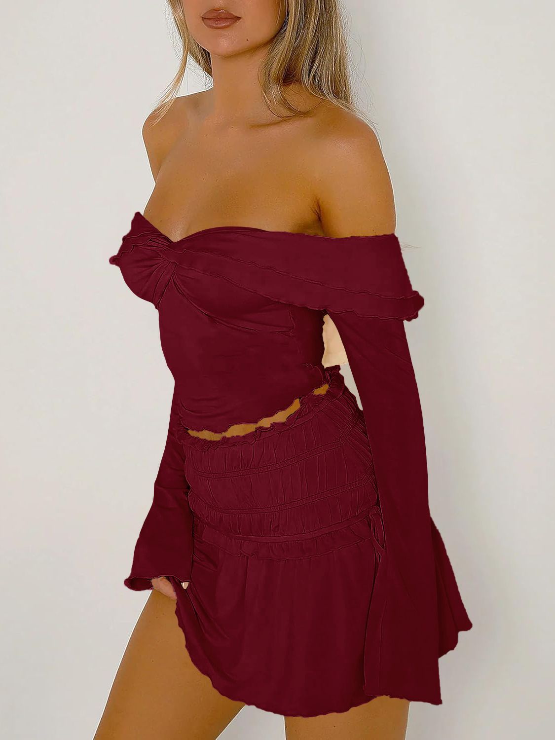 Devine Twisted Ruffled Off-Shoulder Long Sleeve T-Shirt Trendsi