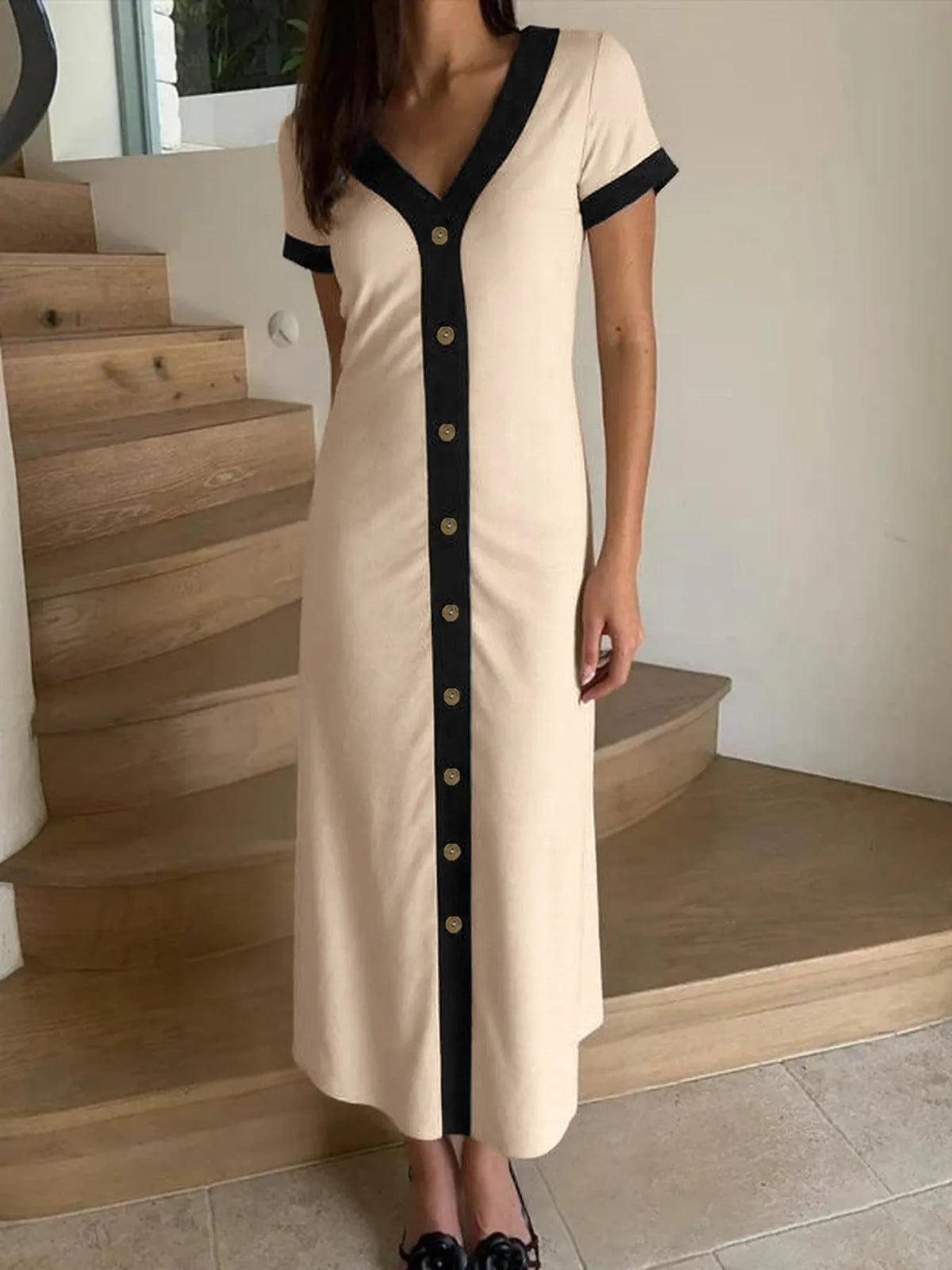 Button-Front Contrast Trim Midi Dress
