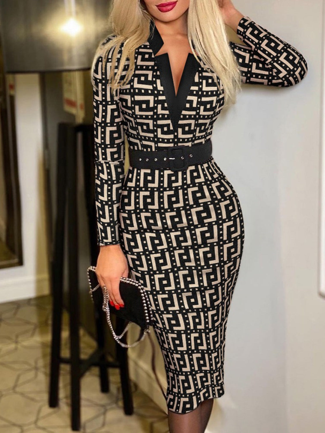 Printed Notched Long Sleeve Wrap Dress Trendsi