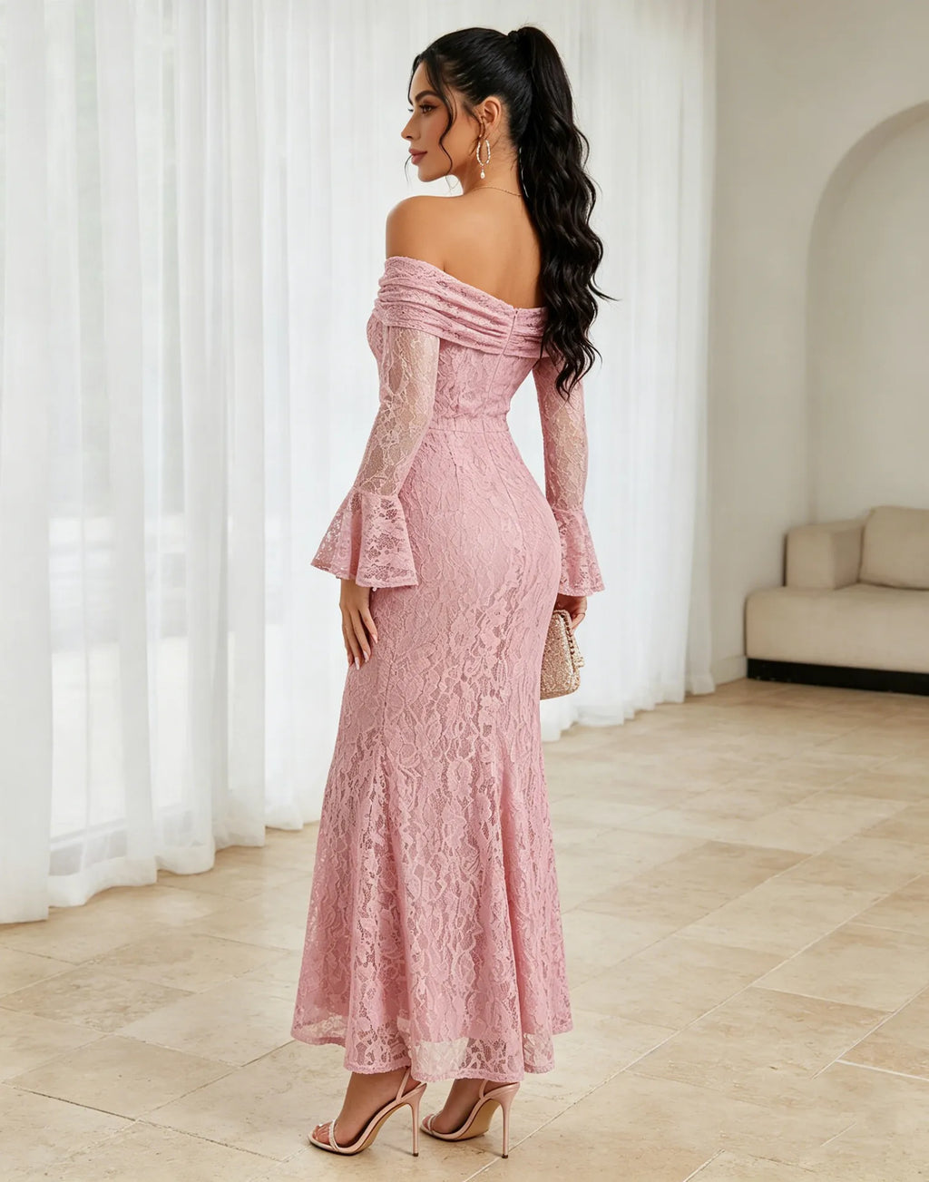 Rosalind Off-Shoulder Lace Mermaid Maxi Dress - Pink