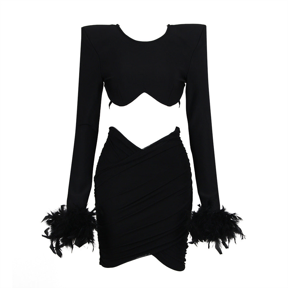 Women's Open-back Feather Long-sleeved Dress Aclosy