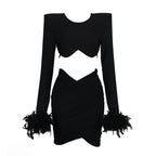 Women's Open-back Feather Long-sleeved Dress Aclosy