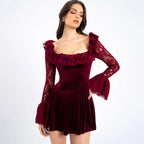 Hollow Long Sleeve Tied Short Skirt Square Collar Aclosy