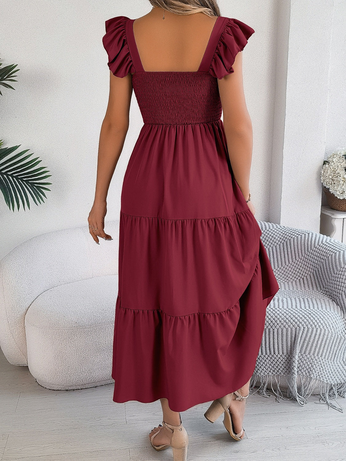 Smocked Square Neck Cap Sleeve Midi Dress Trendsi