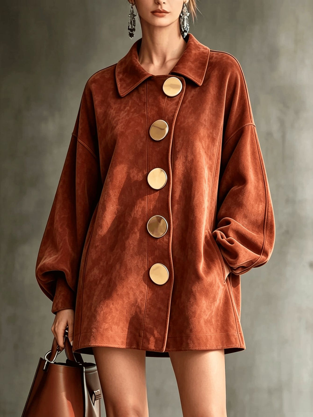 margot oversized faux suede jacket dress in rust - front view