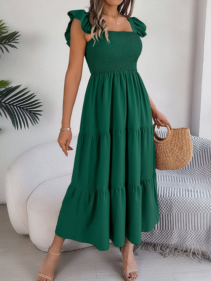 Smocked Square Neck Cap Sleeve Midi Dress Trendsi