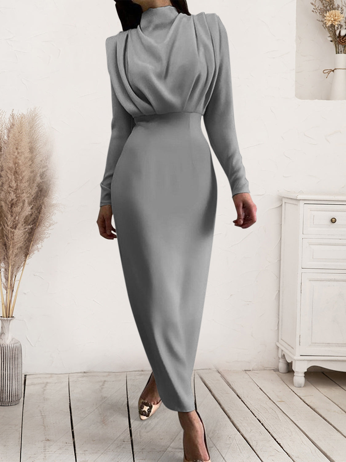 Ruched Turtleneck Long Sleeve Dress Trendsi