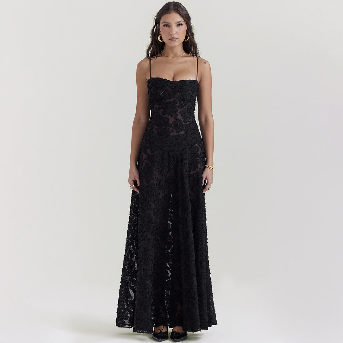 see through flowy dress Bell Sleeve Front Tie Cut-Out Slit Printed Maxi Dress – Riah Fashion main image 1