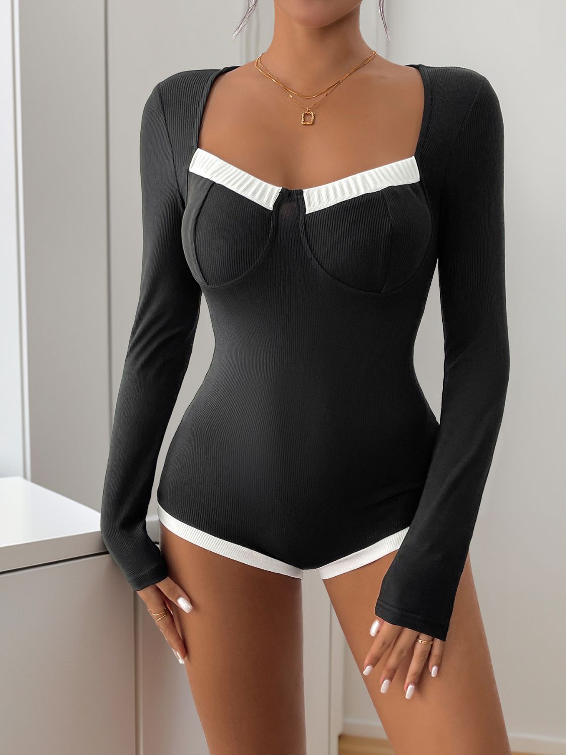 Perfee Ribbed Contrast Long Sleeve Bodysuit Trendsi