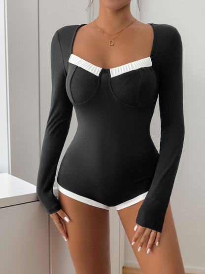 Perfee Ribbed Contrast Long Sleeve Bodysuit Trendsi