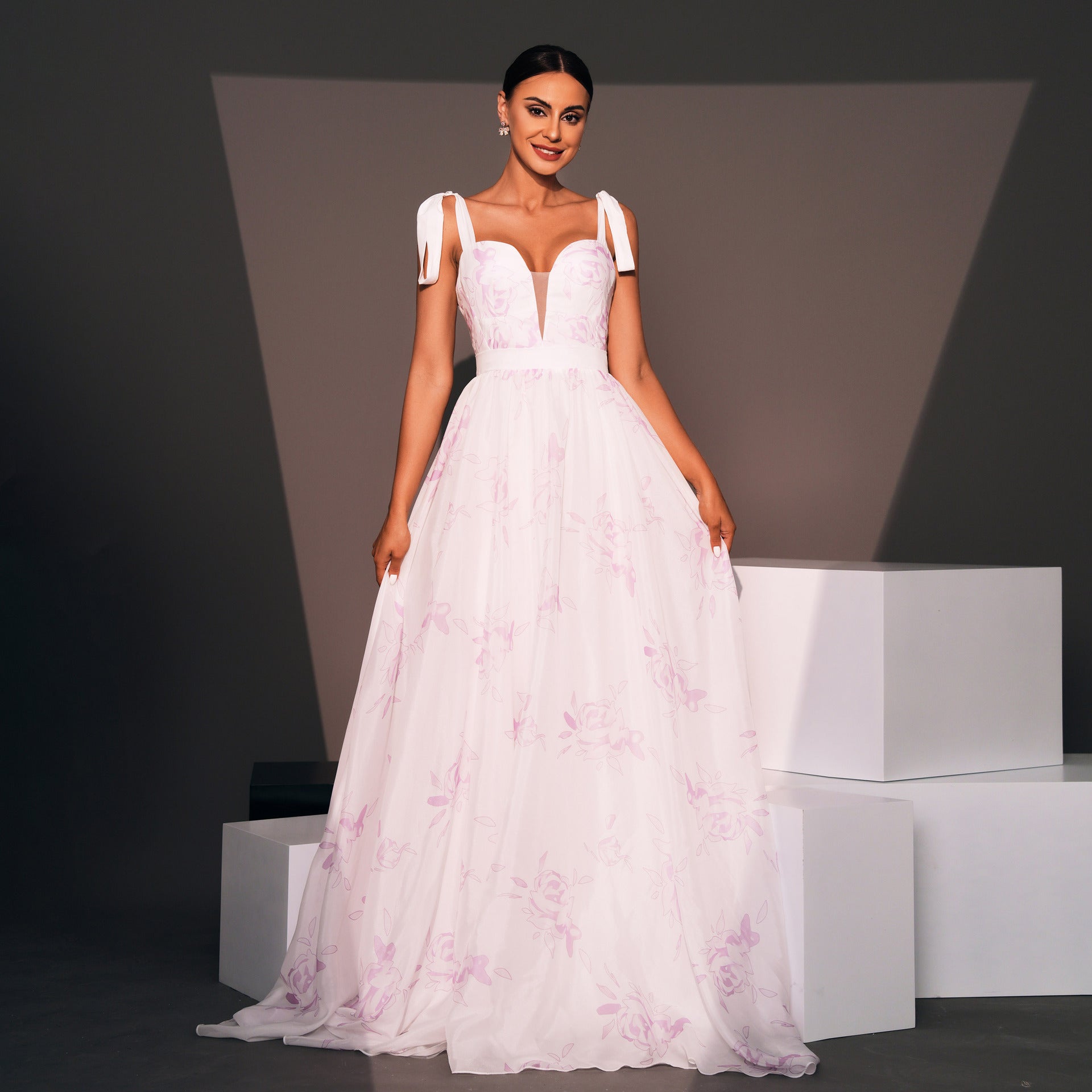 Sleeveless Off-the-shoulder Strap Banquet Printed Large Swing Evening Dress aclosy