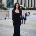 Women's Black With Fishbone Braces Long Sleeve Tight Dress Aclosy