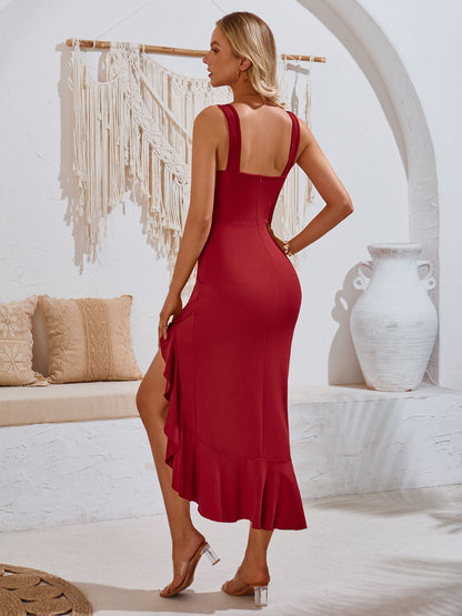 Ruffled V-Neck Wide Strap Midi Dress Trendsi