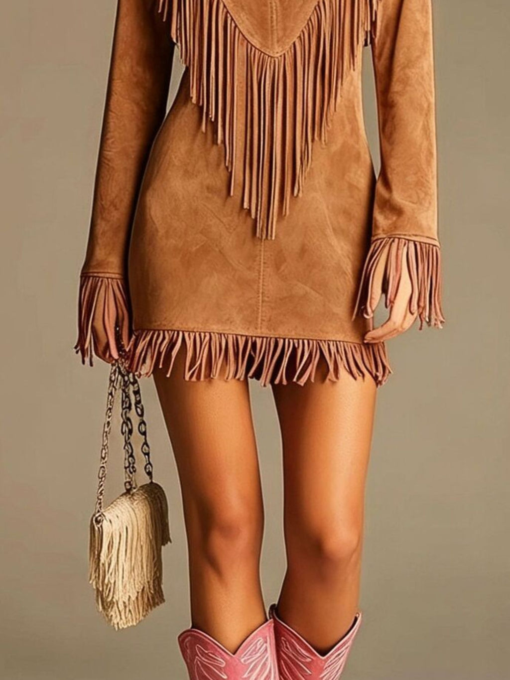 dakota fringe suede v-neck long sleeve mini dress in brown - side view