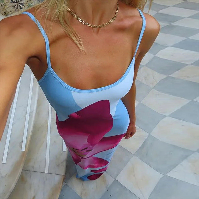 Women's Fashionable Elegant Floral Print Slim Strap Dress Aclosy