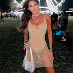 Women's Light Diamond Fishnet Sequined Sexy Hollow-out Camisole Dress Aclosy