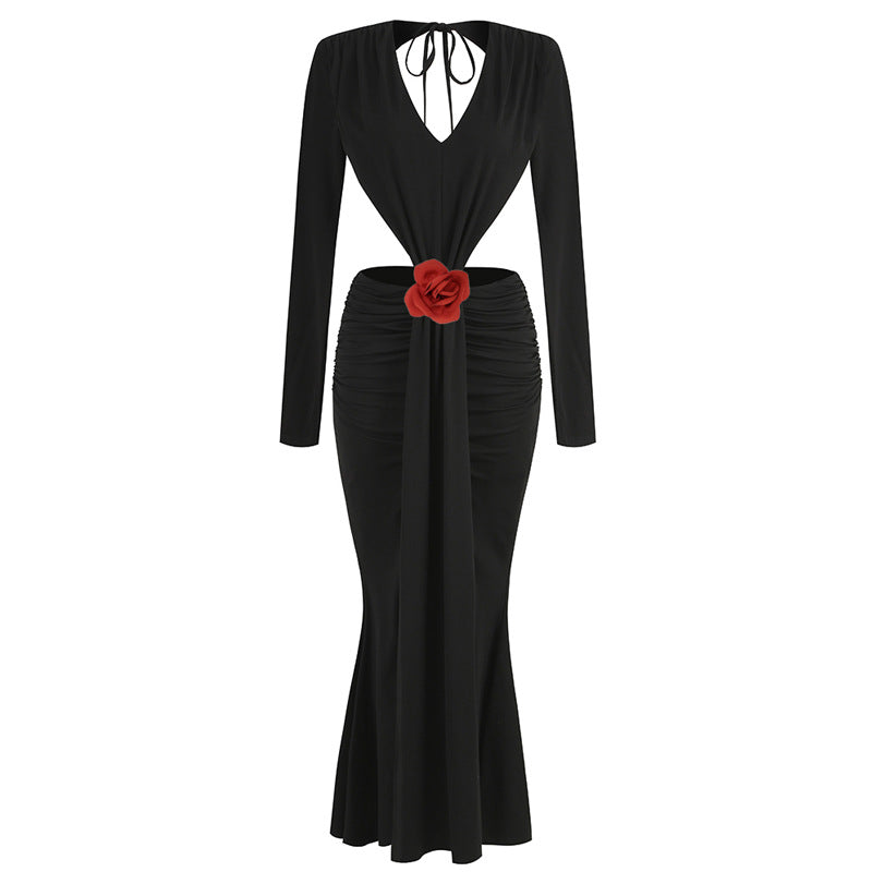 Sexy V-neck Backless Long Sleeves Skirt Waist Decorative Flower Split Fishtail Gown Dress Long aclosy