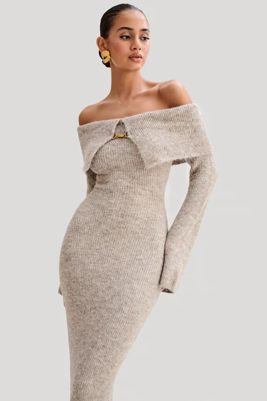 Berkes Off shoulder Fluffy Knit Midi Dress