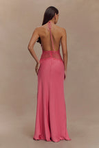 Aesha Backless Halter Dress with Deep V Neck, Satin Patchwork