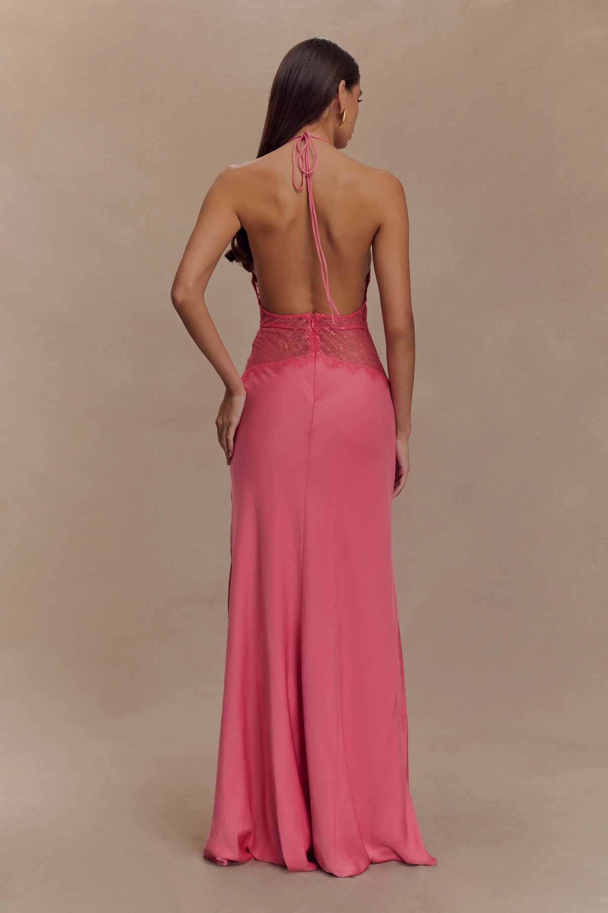 Aesha Backless Halter Dress with Deep V Neck, Satin Patchwork