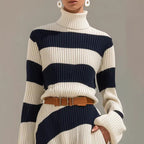 Navy And White Contrast-striped Long-sleeve Dress aclosy