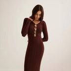 Retro Solid Color V-neck Slim-fit Long Sleeve Hip Knitwear Dress aclosy