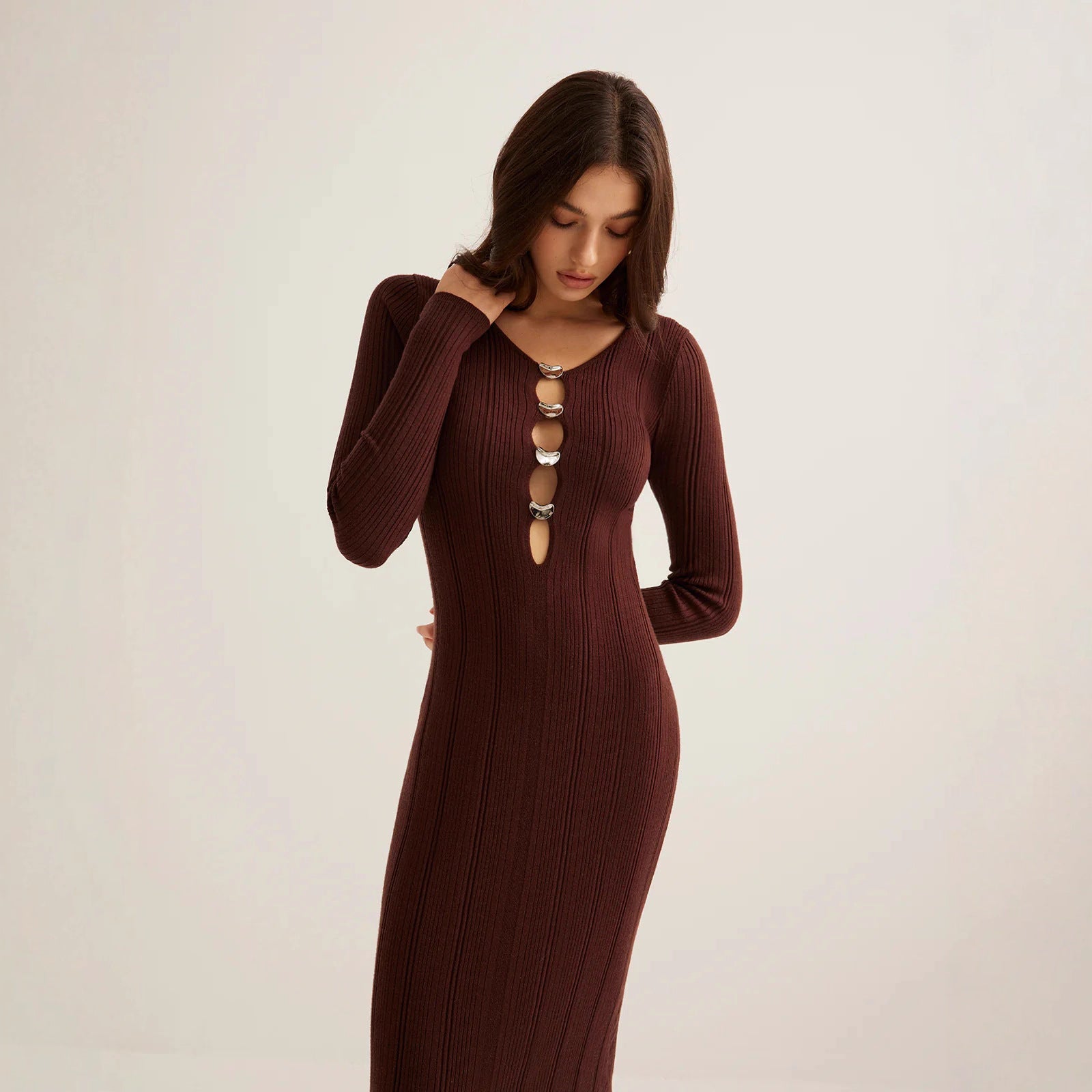 Retro Solid Color V-neck Slim-fit Long Sleeve Hip Knitwear Dress aclosy