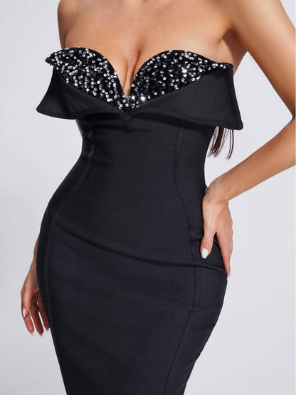 Women's Sequined Low Cut Strapless Black Bandage One-piece Dress Aclosy