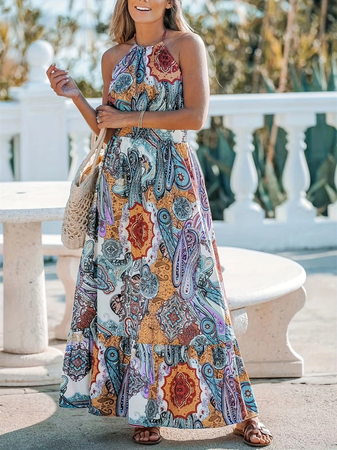 Printed Halter Neck Maxi Dress Trendsi