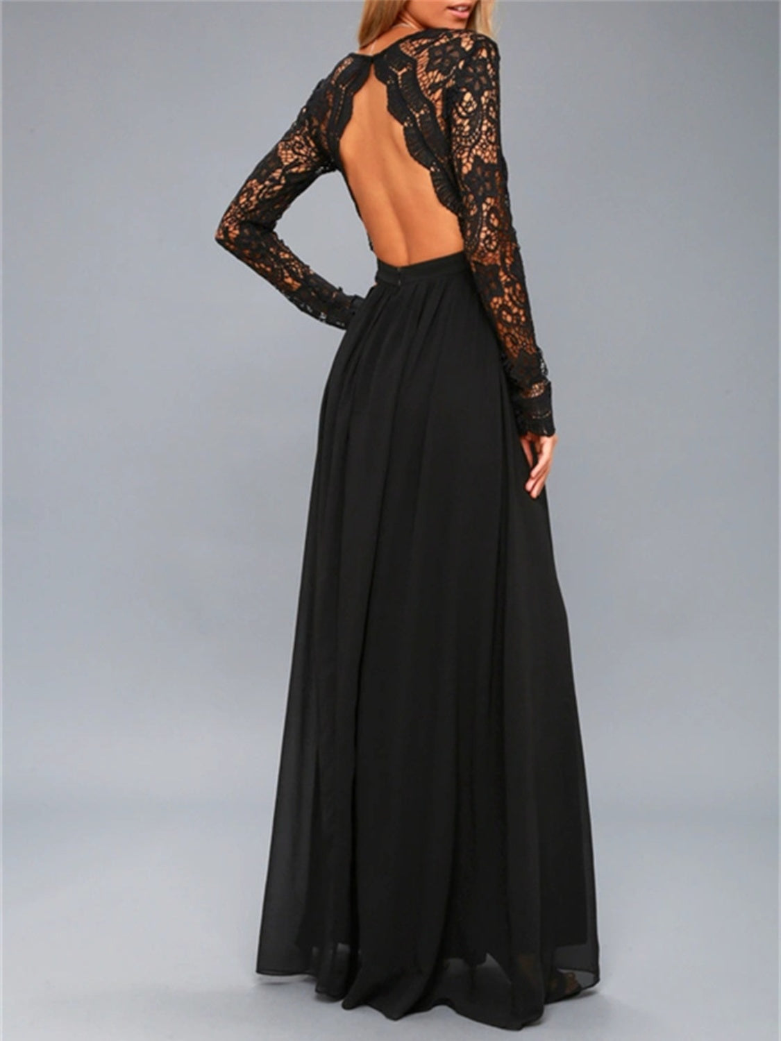 Lace Detail Backless Long Sleeve Maxi Dress Trendsi