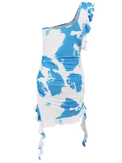 Ruffled Tie-Dye Single Shoulder Mini Dress Trendsi