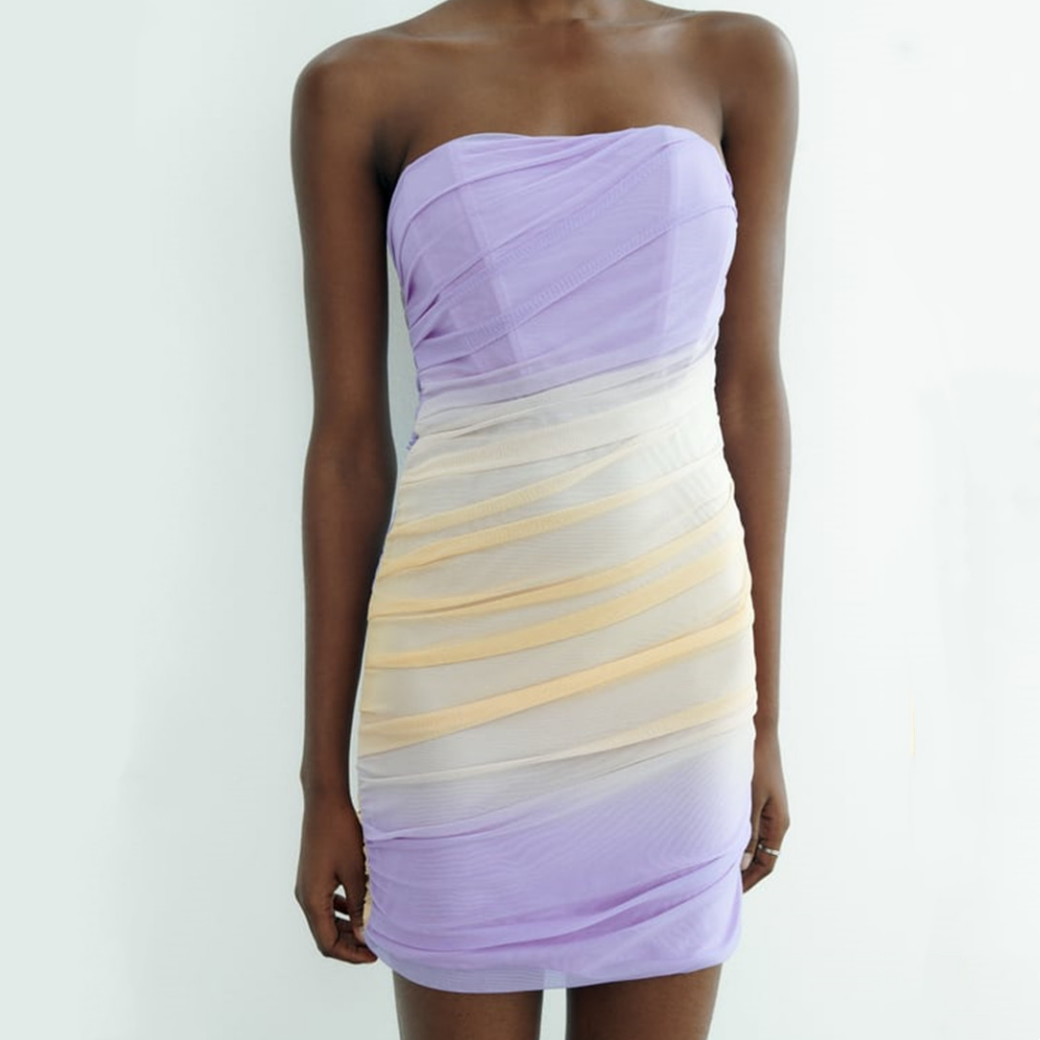 Women's Tie-dye Printed Pleated Tube Top Slim Dress Aclosy
