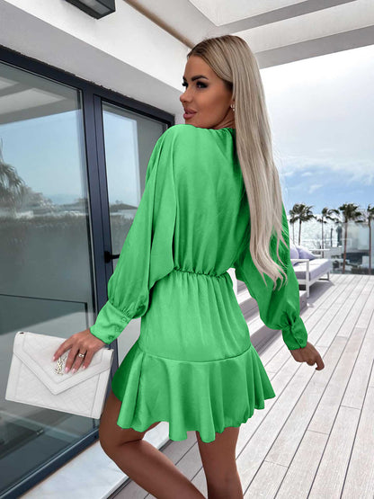 Surplice Ruffle Hem Lantern Sleeve Mini Dress Trendsi