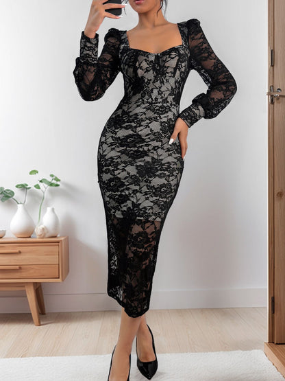 Perfee Lace Sweetheart Neck Long Sleeve Midi Dress Trendsi