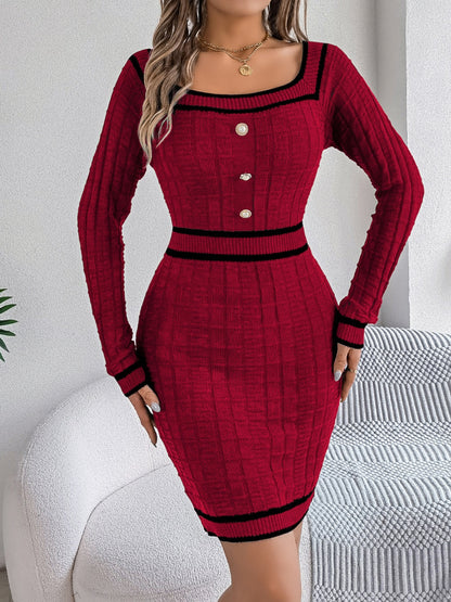 Contrast Trim Long Sleeve Sweater Dress Trendsi