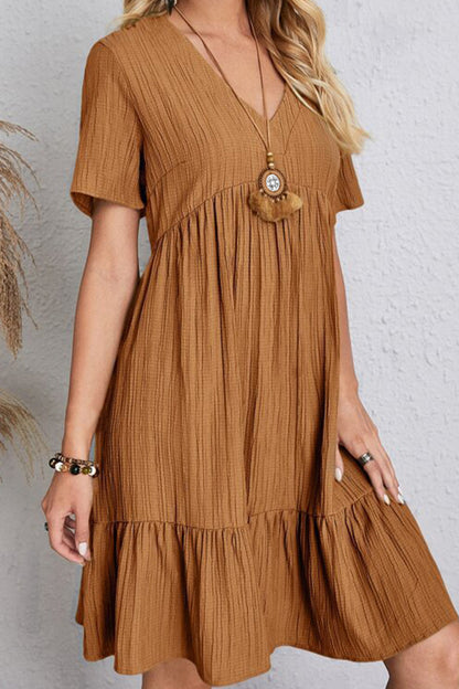 Full Size Ruched V-Neck Short Sleeve Dress Trendsi