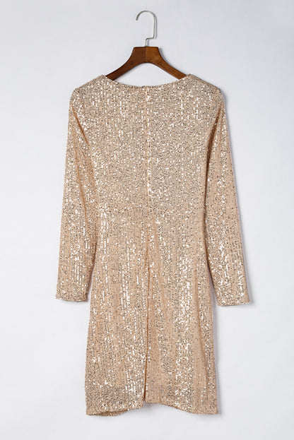 Sequin Knot Round Neck Long Sleeve Mini Dress Trendsi