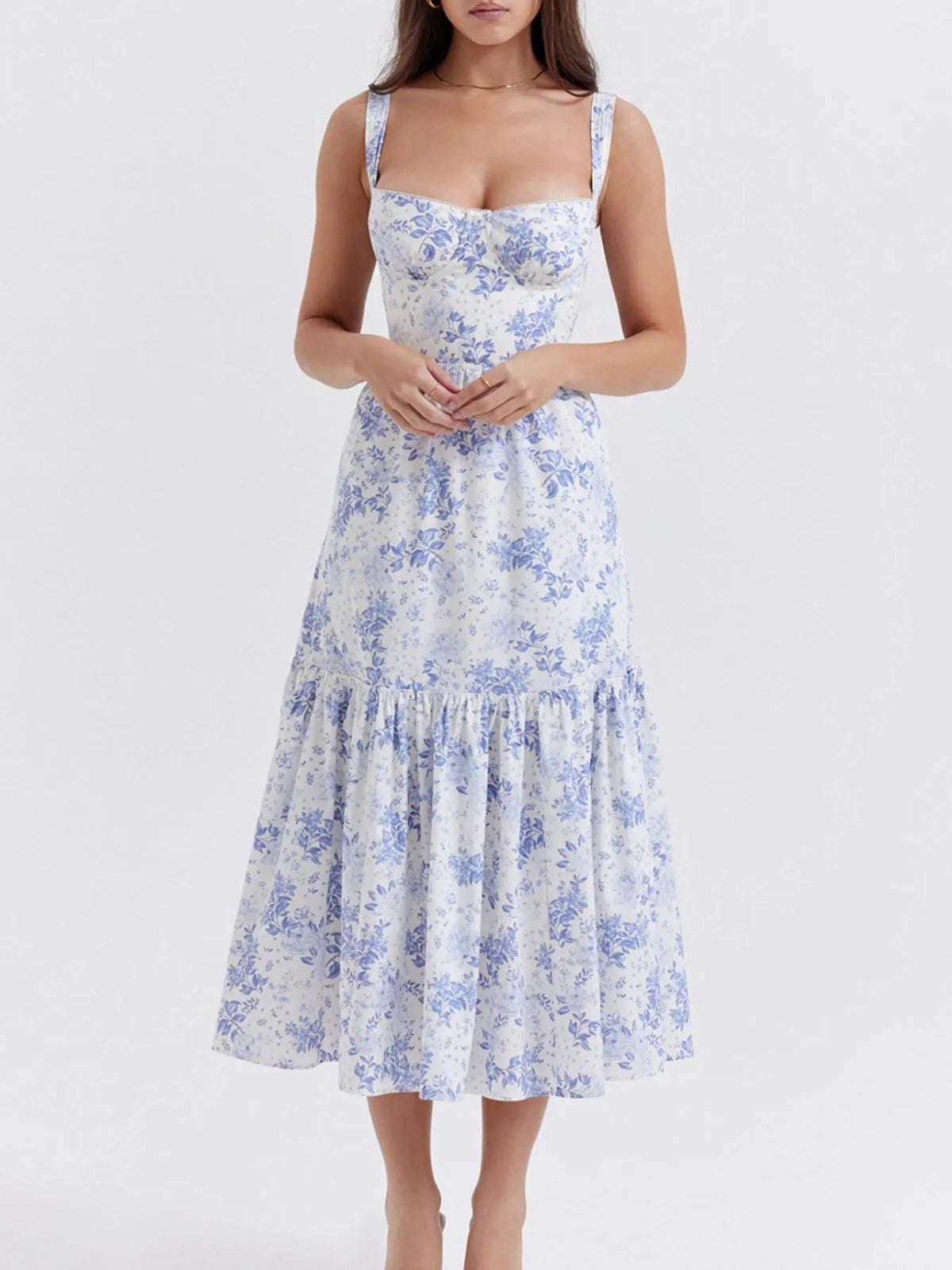 Floral Print Sweetheart Neck Midi Dress