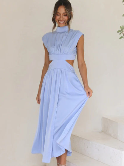 Cutout Mock Neck Sleeveless Ruched Dress Trendsi