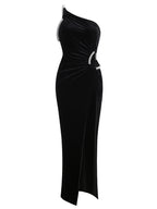 Women's One-shoulder Sleeveless Asymmetric Rhinestone Dress aclosy