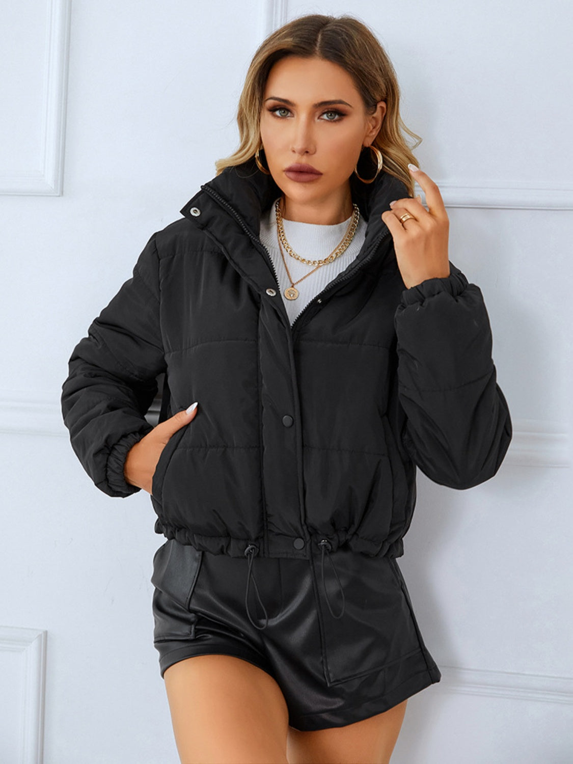 Snap and Zip Closure Drawstring Cropped Winter Coat Trendsi