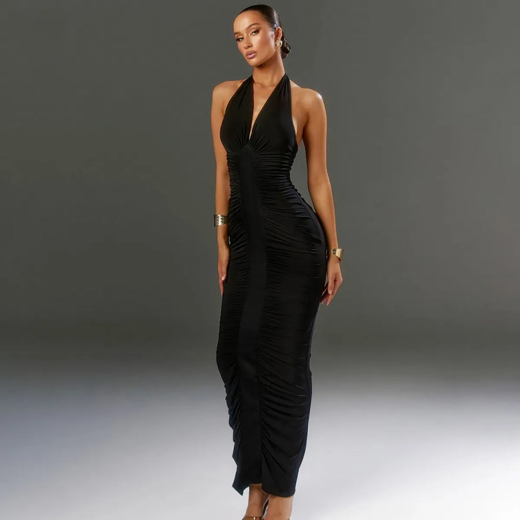 ELLA MESH V NECK MAXI DRESS-BLACK