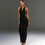 ELLA MESH V NECK MAXI DRESS-BLACK