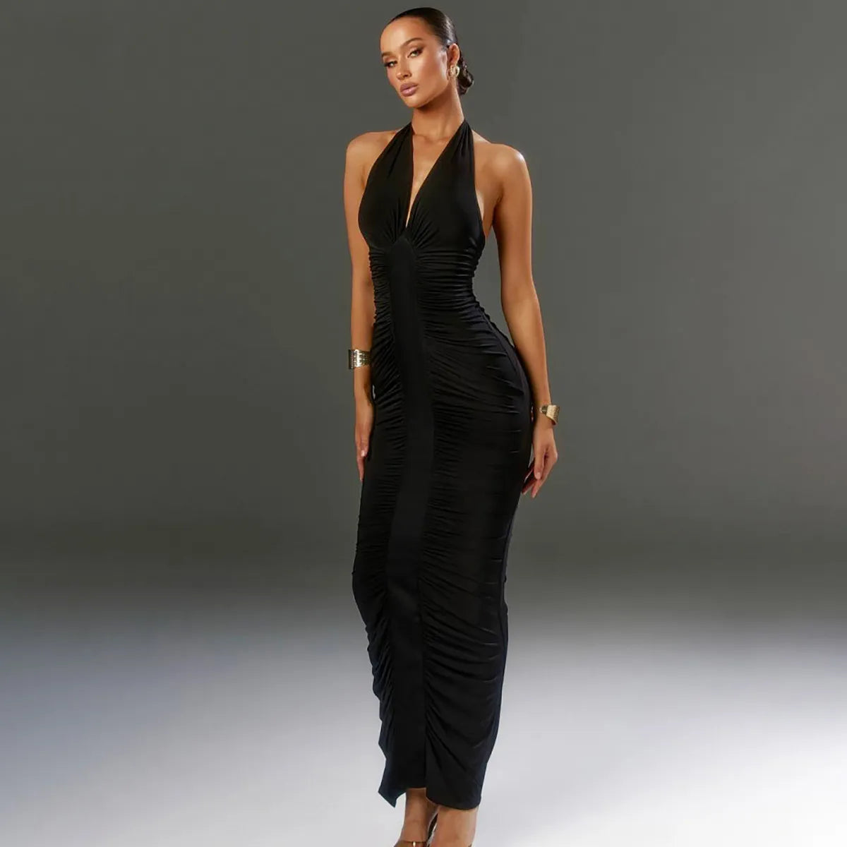 ELLA MESH V NECK MAXI DRESS-BLACK