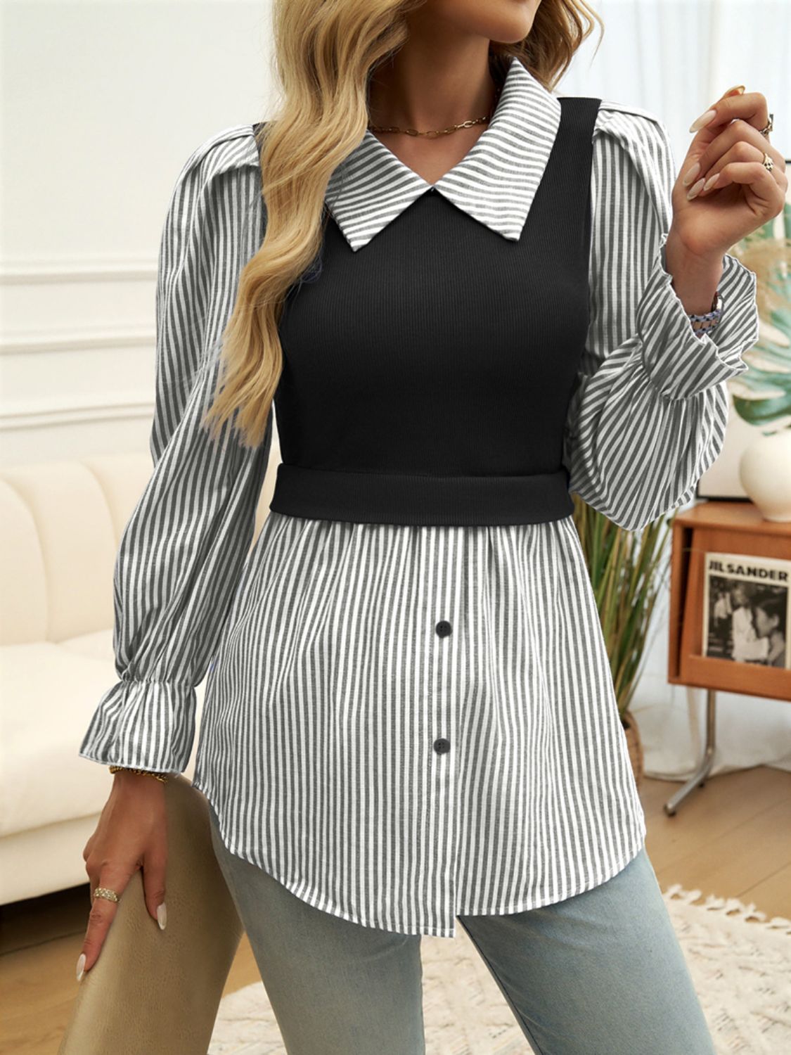 Devine Faux Layered Striped Collared Neck Long Sleeve Shirt Trendsi