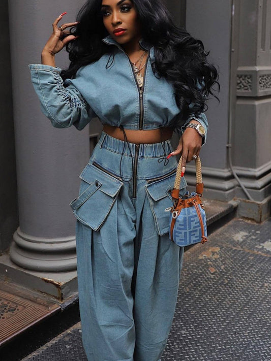 Retro Zipper Jacket & Wide-leg Jeans Two-piece Set aclosy