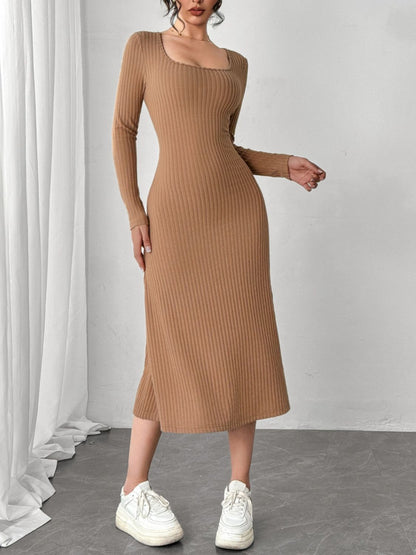 Square Neck Long Sleeve Midi Wrap Dress Trendsi